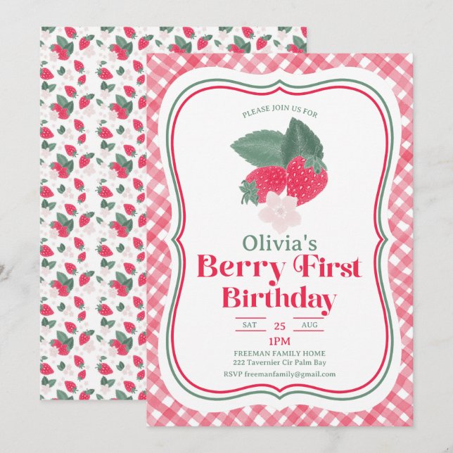 Strawberry Berry First Birthday Invitation (Front/Back)