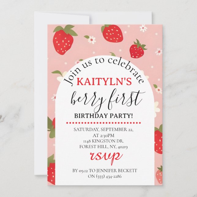 Strawberry Berry First Birthday Invitation (Front)