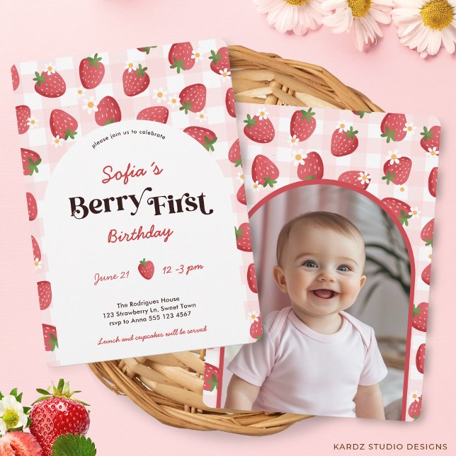 Strawberry Berry First Birthday Invitation (Front and back of the invitation is shown in 5 x 7 in. Choose size, paper, and corner style.)