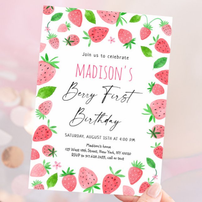 Strawberry Berry First Birthday Invitation (Creator Uploaded)