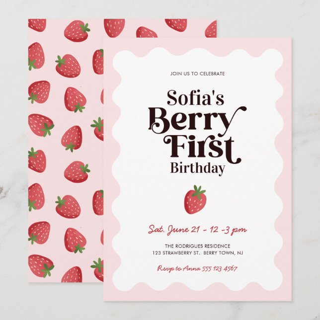 Strawberry Berry First Birthday Invitation (Front/Back)