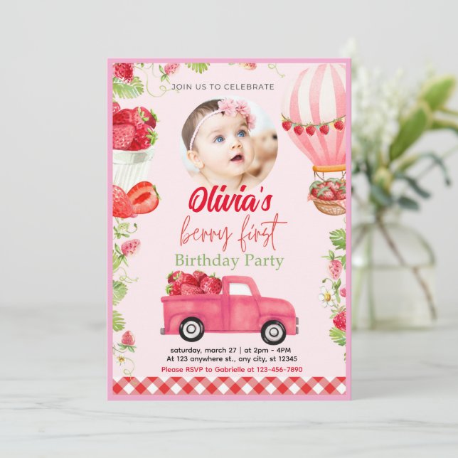 Strawberry Berry First Birthday Invitation (Standing Front)