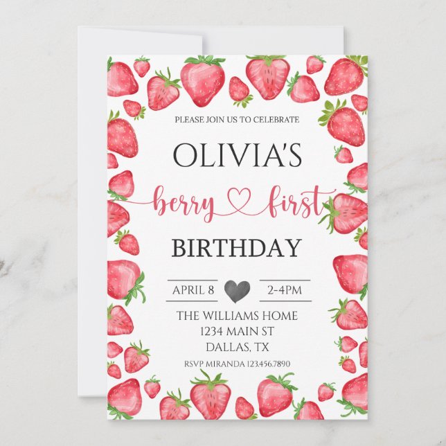 Strawberry Berry First Birthday Invitation (Front)
