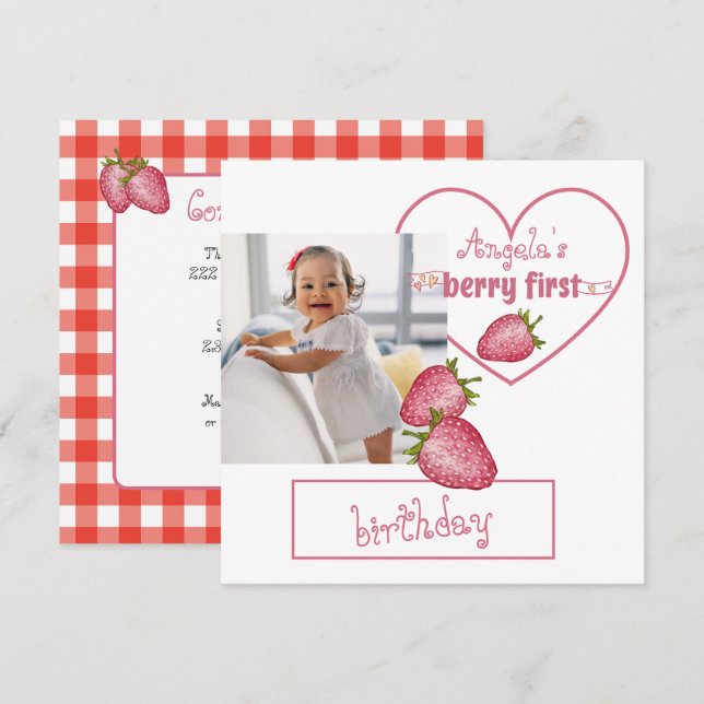 Strawberry Berry First Birthday Invitation (Front/Back)