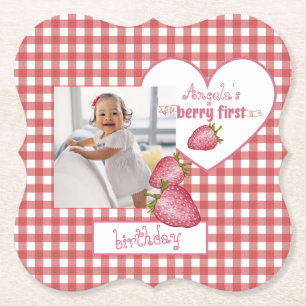 Strawberry Berry First Birthday Paper Coaster