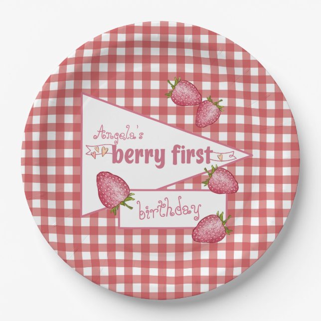 Strawberry Berry First Birthday Paper Plate (Front)