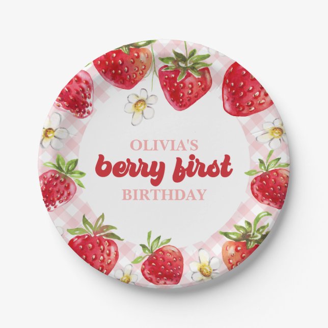 Strawberry Berry First Birthday Paper Plate (Front)