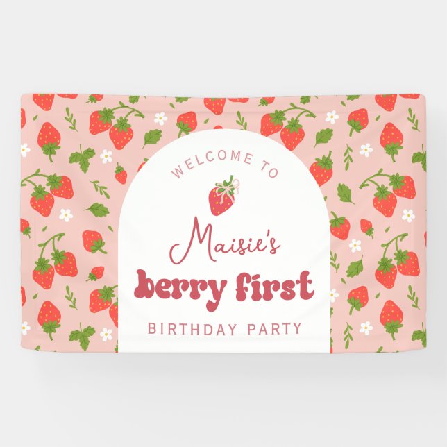 Strawberry Berry First Birthday Party Backdrop Banner (Horizontal)