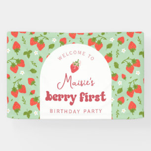 Strawberry Berry First Birthday Party Backdrop Banner