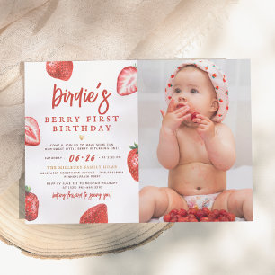 Strawberry Berry First Birthday Party Girl Photo Invitation