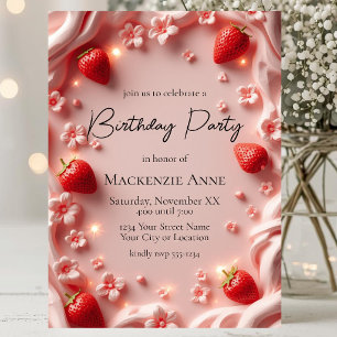 Strawberry Berry First Birthday Party Invitation