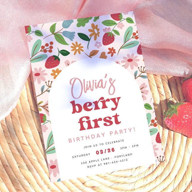 Strawberry Berry First Birthday Party Invitation (Card Front Mock-up)