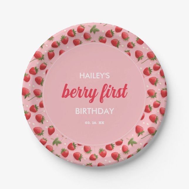 Strawberry Berry First Birthday Party Paper Plate (Front)