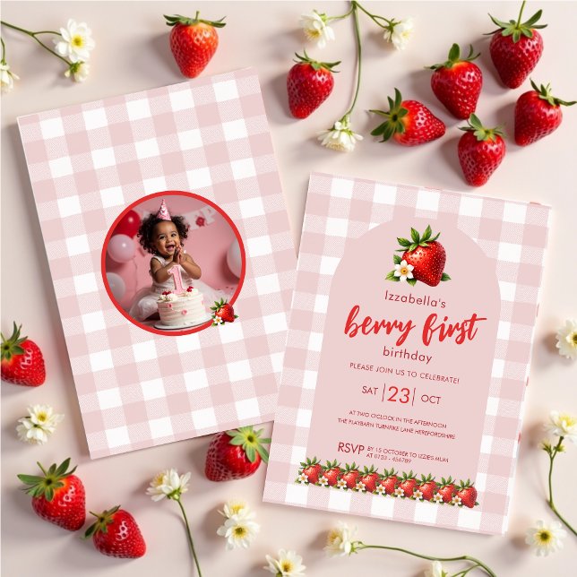 Strawberry Berry First Birthday Photo Birthday  Invitation (Strawberry Berry First first birthday party invitations)
