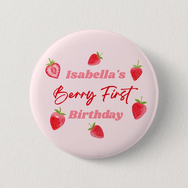 Strawberry Berry First Birthday Red and Pink 2 Inch Round Button (Front)