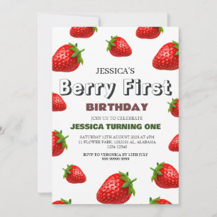Strawberry Berry First Birthday Simple Cute Baby Invitation
