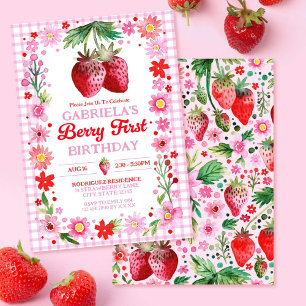 Strawberry Berry First Birthday Watercolor  Invitation