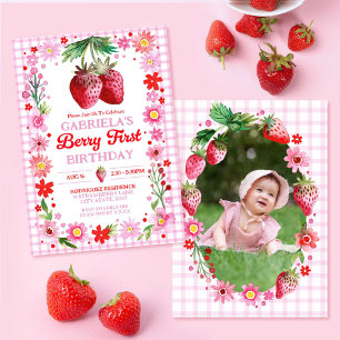 Strawberry Berry First Birthday Watercolor Photo Invitation