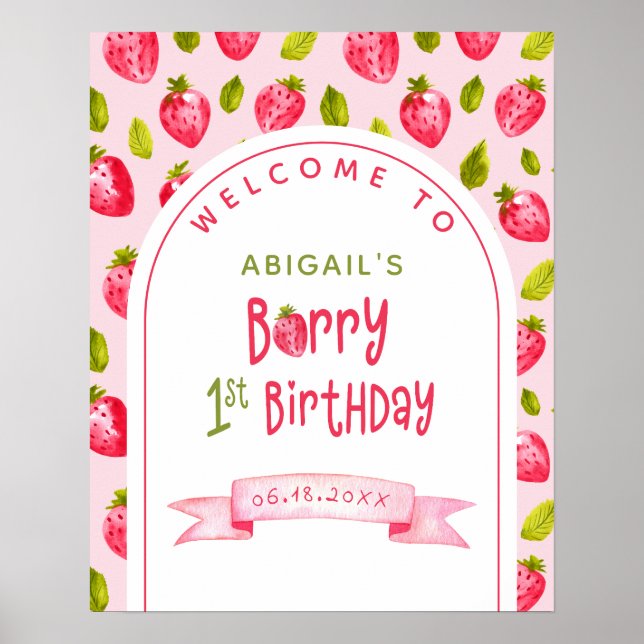 Strawberry Berry First Birthday Welcome Poster (Front)
