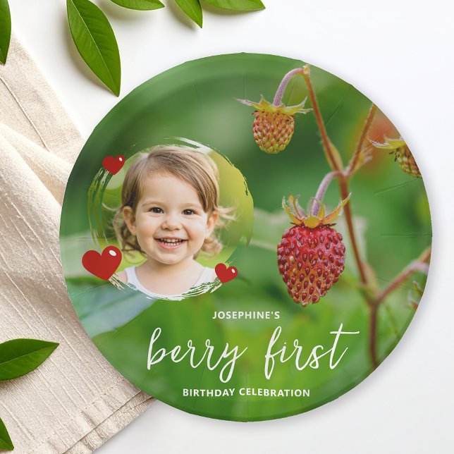 Strawberry Berry First Birthday With Child’s Photo Paper Plate (Creator Uploaded)