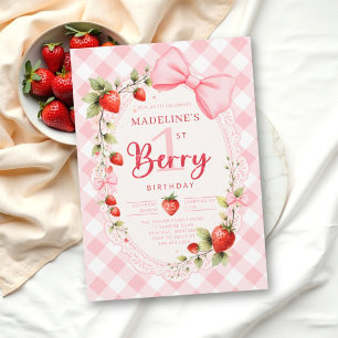 Strawberry Berry First Gingham Lace 1st Birthday Invitation