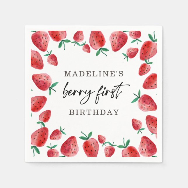 Strawberry Berry First Girl 1st Birthday Napkins (Front)