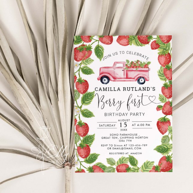 Strawberry Berry First Girl 1st Birthday Party Invitation (Creator Uploaded)