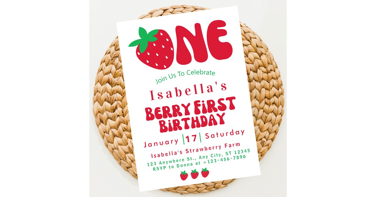 Strawberry Berry First Girl 1st Birthday Party Invitation | Zazzle