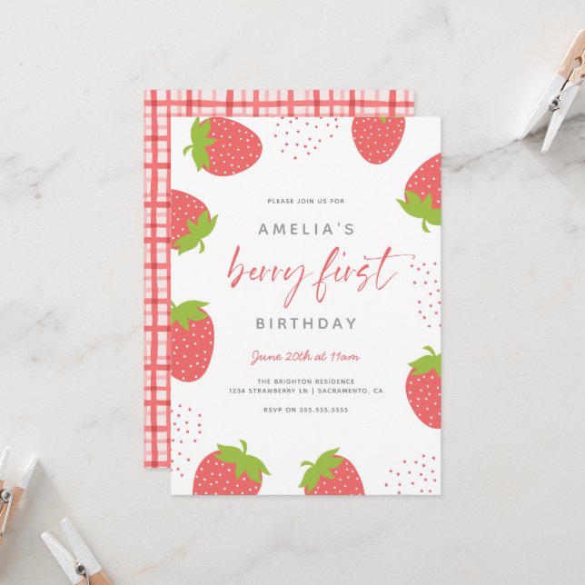Strawberry Berry First Girl 1st Birthday Photo Invitation (Front/Back In Situ)