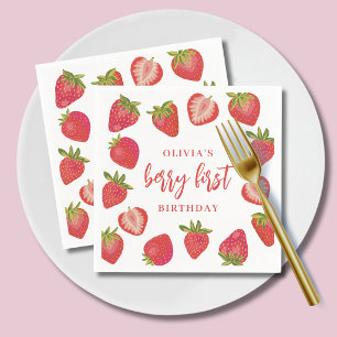 Strawberry Berry First Girls Personalized Birthday Napkin