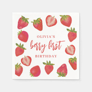 Strawberry Berry First Girls Personalized Birthday Napkin