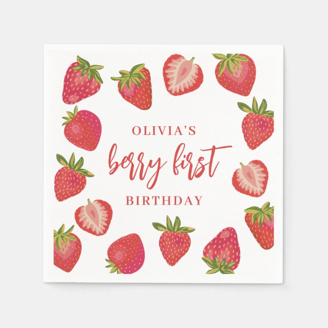 Strawberry Berry First Girls Personalized Birthday Napkin (Front)
