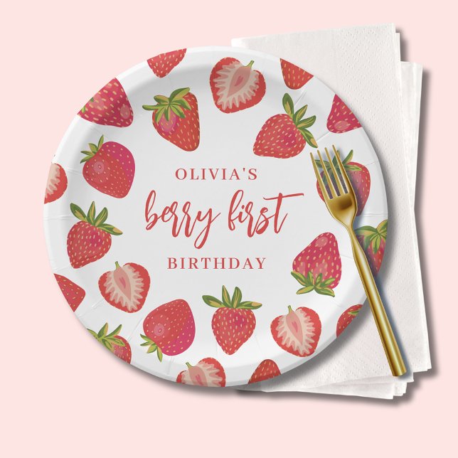 Strawberry Berry First Girls Personalized Birthday Paper Plate (Strawberry berry first birthday paper plates and matching party decor.)