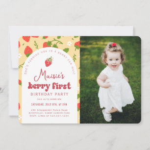 Strawberry Berry First Photo Birthday Party Invitation