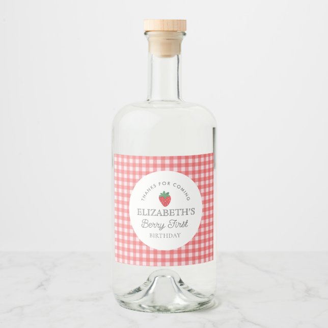Strawberry Berry First Picnic Birthday  Liquor Bottle Label (Front)