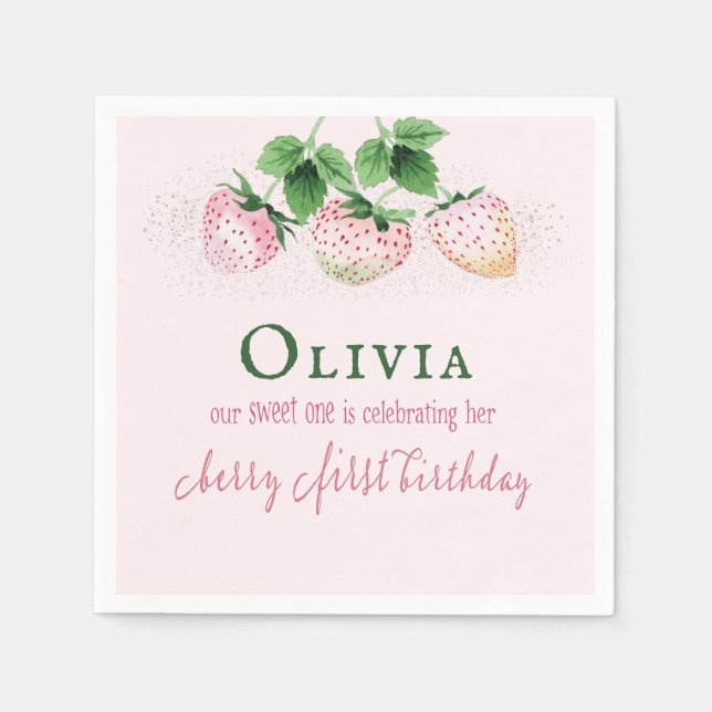 Strawberry Berry Pink First Birthday Sign Napkin (Front)