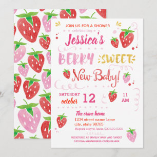 Strawberry BERRY SWEET baby shower Watercolor Invitation