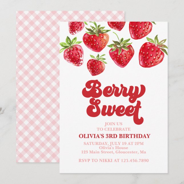 Strawberry Berry Sweet Birthday Invitation (Front/Back)