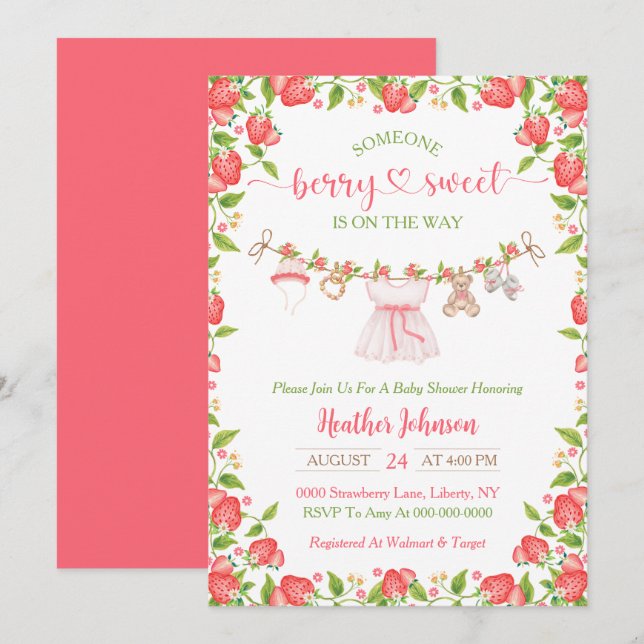Strawberry Berry Sweet Clothesline Baby Shower  Invitation (Front/Back)