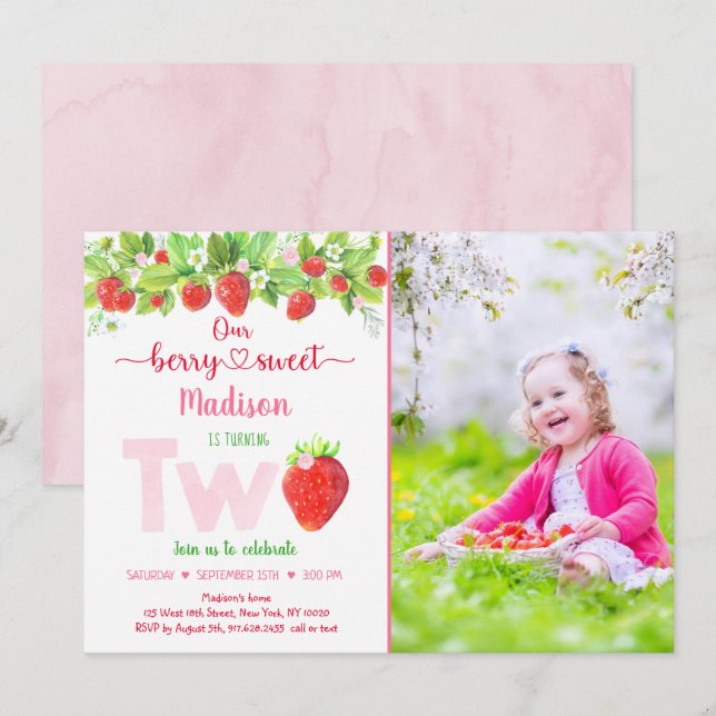 Strawberry Berry Sweet Floral Second Birthday Invitation (Front/Back)