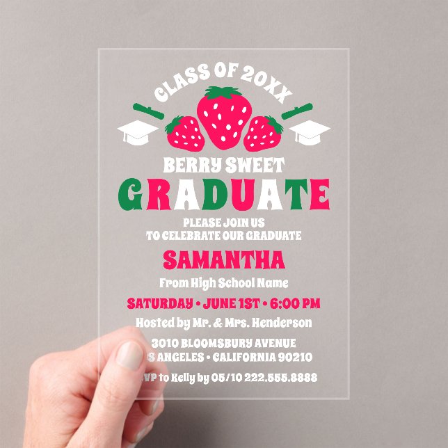 Strawberry Berry Sweet  Graduation Party Acrylic Invitations (Insitu (Handheld))