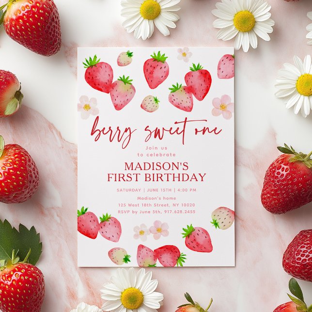 Strawberry Berry Sweet One First Birthday Invitation (Creator Uploaded)
