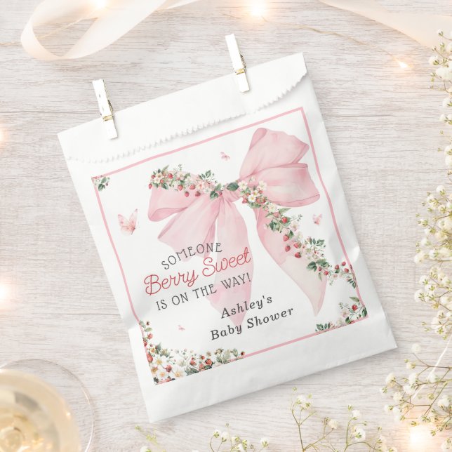 Strawberry Berry Sweet Pink Bow Baby Shower Favour Bag (Clipped)
