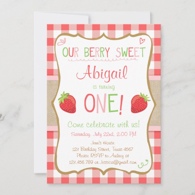 Strawberry Berry Sweet Pink Red First Birthday Invitation (Front)