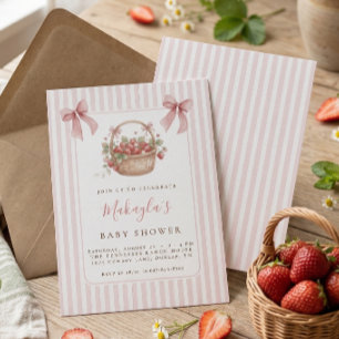 Strawberry Berry Sweet Pink Stripe Bow Baby shower Invitation