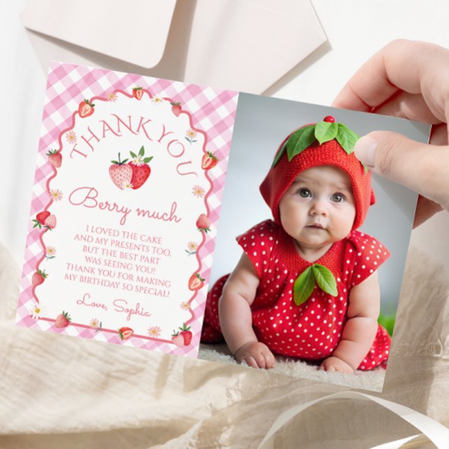 Strawberry Birthday Berry Much Photo Thanks Card (Creator Uploaded)