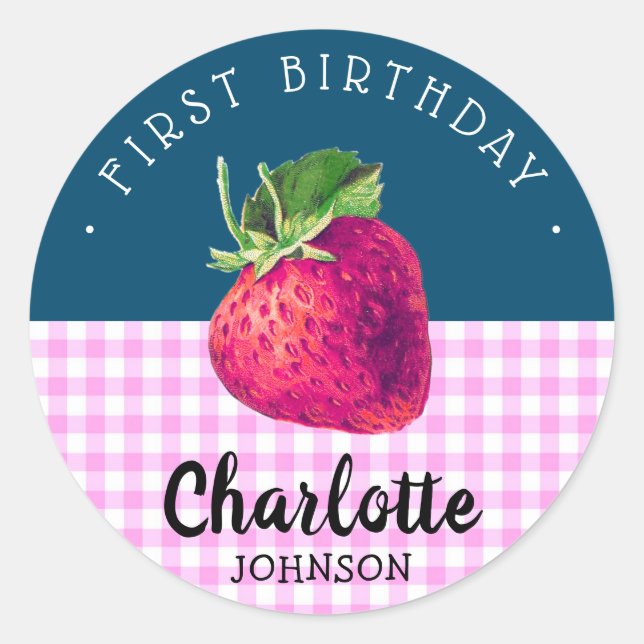 Strawberry Birthday Girl Pink Chequered Blue Green Classic Round Sticker (Front)