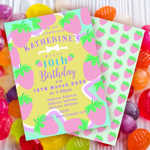 Strawberry Birthday Green Blue Invitation card