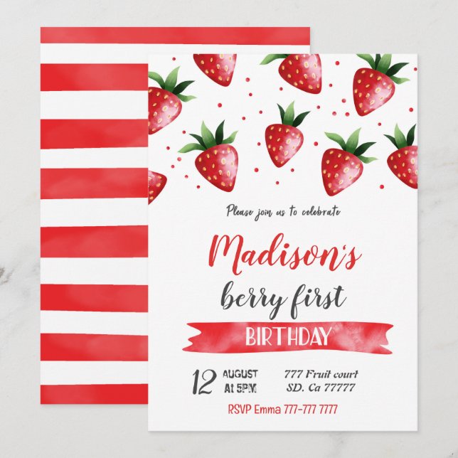 Strawberry Birthday Invitation (Front/Back)