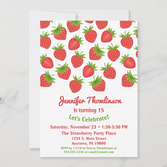 Strawberry Birthday Invitation Summer Strawberries (Front)